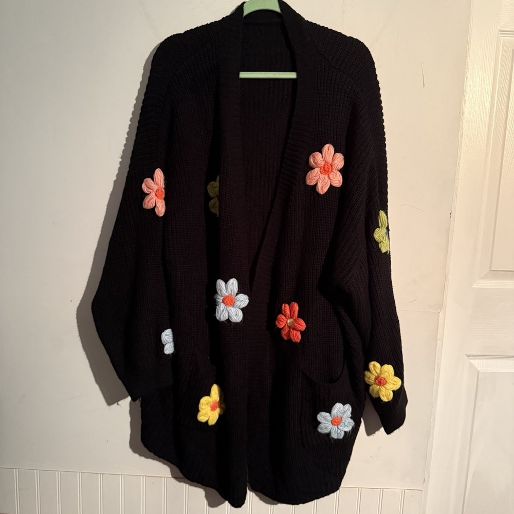 Bloomchic Size 28‎ Chunky Embroidered Floral Colorful Boho Romantic Cardigan